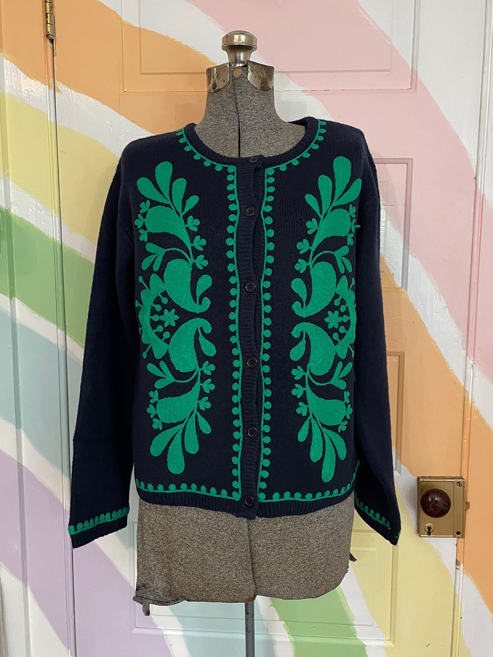 NWT Strut & Bolt Myra Navy Emerald Embroidered Knit Cardigan Jacket Sz S 🧡🎀 - Picture 3 of 10